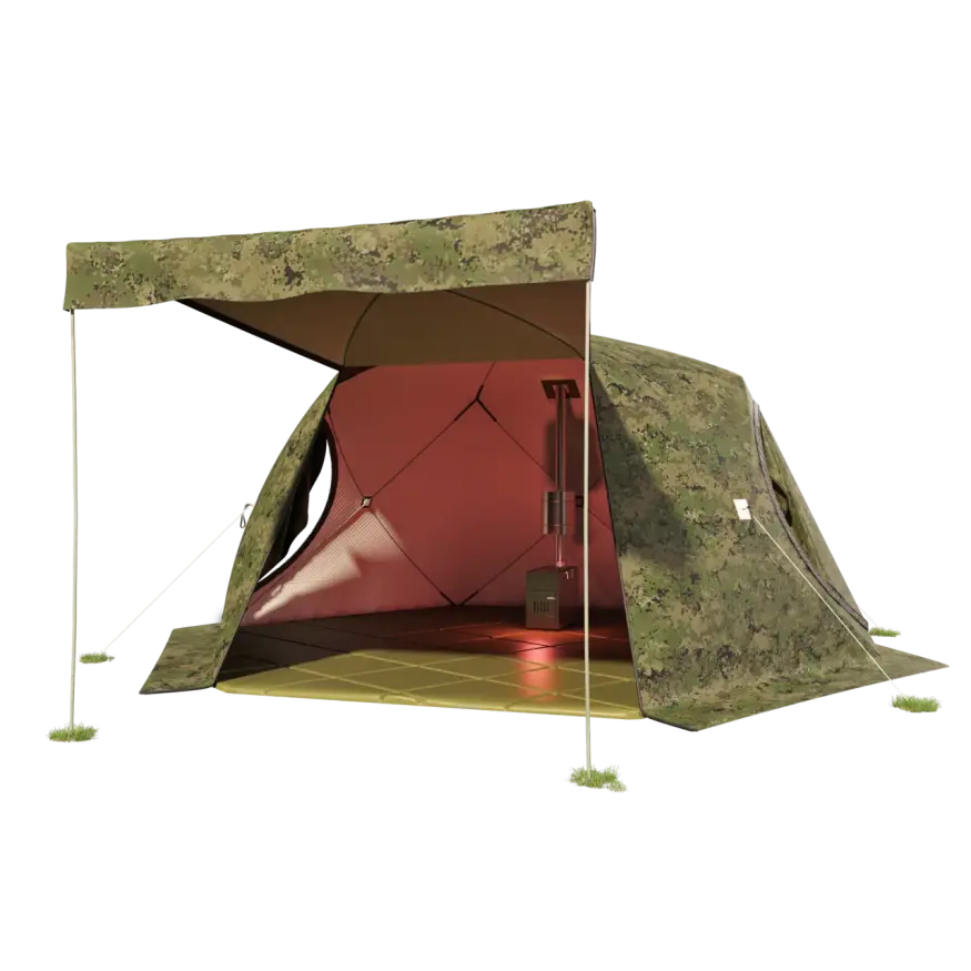 Палатка зимняя ЧУМ 3 (трехслойная, пиксель с выводом под трубу и навесом)